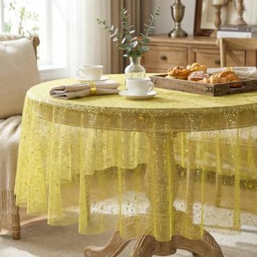Imagem de Horaldaily Toalha de mesa de gaze amarela redonda, 152 x 152 cm, folha metálica com glitter de lantejoulas douradas, gaze de tule transparente para casamento, chá de bebê, cerimônia de aniversário