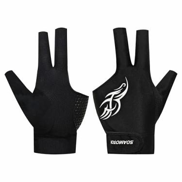 Imagem de soamotoi Luva de bilhar mão esquerda com 3 dedos, luva de bilhar respirável, secagem rápida, luvas profissionais de sinuca para acessórios de bilhar, luvas duráveis para tacos de bilhar (preta, G)