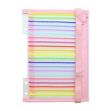 Imagem de ITSYHPRO Estojo de lápis de malha para notebook Discbound 15,5 cm x 21,8 cm bolsa com zíper para acessórios de capa de planejador (rosa, listras coloridas)