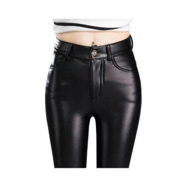 Imagem de Calças Femininas De Couro PU Com Cintura Alta Em Cashmere Pretas, Forr