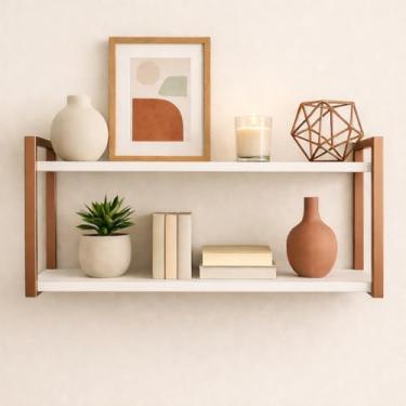 Imagem de Prateleira Suspensa Nicho Estilo Industrial 35x60cm 100% MDF Premium e Aço Carbono - Off White e Cobre Rose