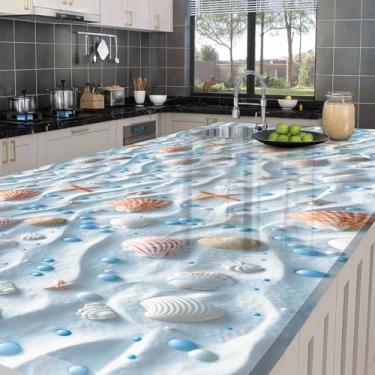 Imagem de HOMETITUTE Papel de parede de estrela do mar em PVC com textura de areia branca resistente à água, padrão de praia, cobertura de parede com superfície de impressão transparente para 15,7 x 39,4