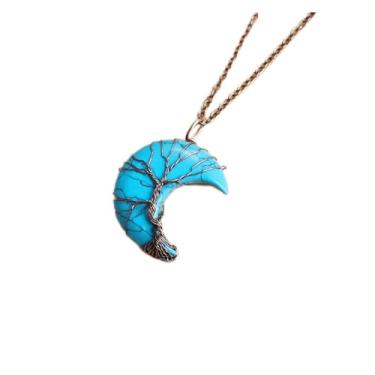 Imagem de AGOUNOD Colar com pingente crescente envolto em bronze antigo Reiki Colares de lua com pedra de cristal colorido natural (tamanho : Turquesa)