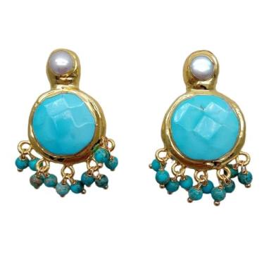 Imagem de Brincos femininos com pingente de pérola azul de 22 mm banhados a ouro