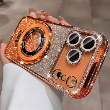 Imagem de AuroiCCY Capa para Samsung Galaxy S25 Ultra para mulheres e meninas [compatível com MagSafe] Bonito suporte de glitter com capa de lente de câmera Bling revestimento luxuoso à prova de choque para