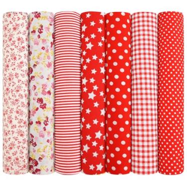 Imagem de Ainiv 7 pacotes de tecido quadrados, 50 cm x 50 cm 100% algodão, pacotes de tecido acolchoado, quadrados florais pré-cortados patchwork para acolchoamento, costura, artesanato DIY, máscara, vermelho
