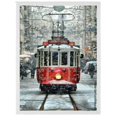 Imagem de Quadro Fotografia Bonde Vermelho Neve Moldura Branca 45X34Cm