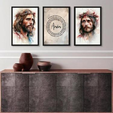 Imagem de Kit 3 Quadros Aquarelas Face Jesus - Pai Nosso 33X24Cm Vidro