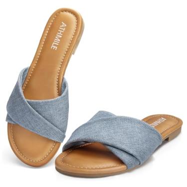 Imagem de ATHMILE Sandálias femininas 2026 elegantes de verão planas confortáveis na praia fofas femininas deslizantes de couro vestido casual sandálias femininas tamanho 6-11, Azul, 38