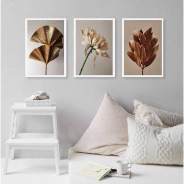 Imagem de Kit 3 Quadros Elegantes Flores Marrom Bege Dourado 24X18Cm