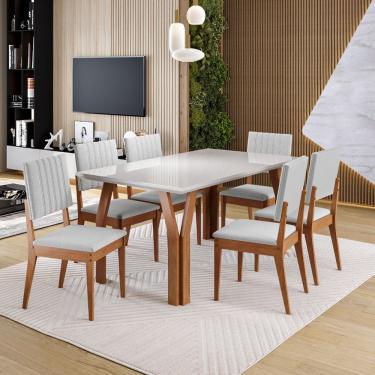 Imagem de Conjunto Sala de Jantar Mesa Atlas Tampo e Vidro 6 Cadeiras Milão Madetal - Mel/Nude/Cinza