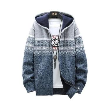 Imagem de Cardigã Masculino De Inverno Com Capuz, Estampa Xadrez, Jaqueta De Lã 