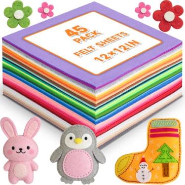 Imagem de 45 folhas de tecido de feltro artesanal de 30 x 30 cm, folhas de feltro não tecidas de 45 cores sortidas, quadrado de tecido de feltro grosso de 2 mm para artesanato de costura DIY, patchwork