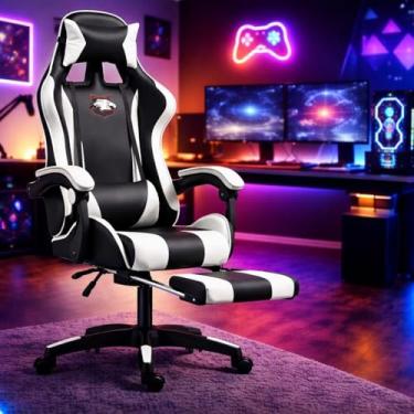 Imagem de Cadeira Gamer Ergonômica com Apoio para Pés, Reclinável, Design Esportivo com Suporte Lombar e Cervical (Preta e Branca)
