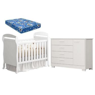 Imagem de Berço Americano Danny e Cômoda Infantil Zaki Branco Acetinado com Colc