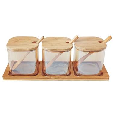 Imagem de Conjunto 3 Porta Condimentos Vidro E Bambu Com Colher - Ravi Presentes