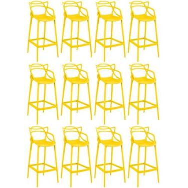 Imagem de Kit 12 Banquetas Allegra com Encosto Design Cozinha/Bancada - Amarelo 