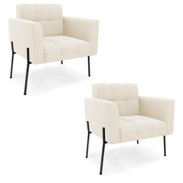 Imagem de Poltrona Pé De Ferro Preto Para Sala Kit 2 Elisa Veludo D03 - D'rossi Cor Bege