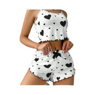 Imagem de Conjunto De Pijama Feminino Com Estampa De Coração, Sem Mangas, Calças