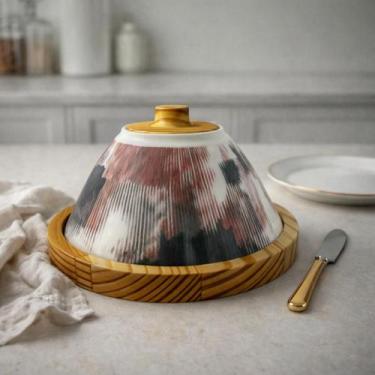 Imagem de Mini Queijeira Porta Doce Cloche Cerâmica Madeira Pinus Rosé - Luggari