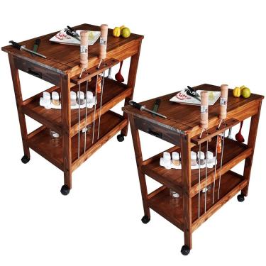 Imagem de Kit 02 Carrinhos de Churrasco Mesa Gourmet Churrasqueira W02 Madeira Maciça Imbuia - Lyam Decor