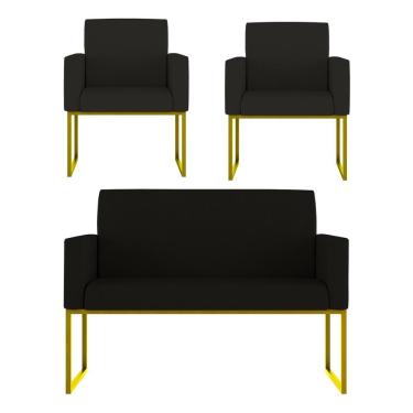 Imagem de Kit 2 Poltronas E Namoradeira Nina Recepção Courino Preto Balaqui Decor