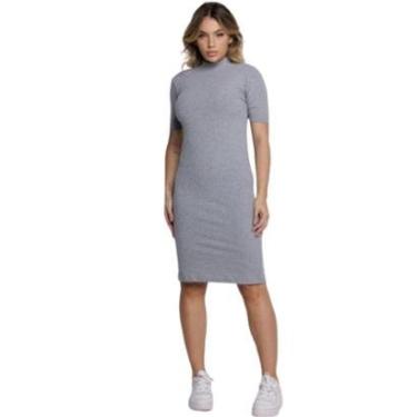 Imagem de Vestido Midi Manga Curta Vekyo Gola Alta Blogueira Canelado Moda Casual Feminina-Feminino