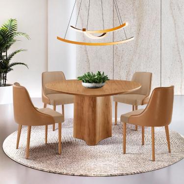 Imagem de Sala de Jantar Selene 4 Lugares Redonda MDF 135cm Imbuia Natural com Mesa e Cadeiras Es...