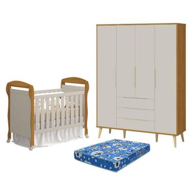 Imagem de Berço Americano Danny Com Colchão Ortobom E Guarda Roupa 4 Portas Elfe Retrô Areia Savana Acetinado Natural - Reller
