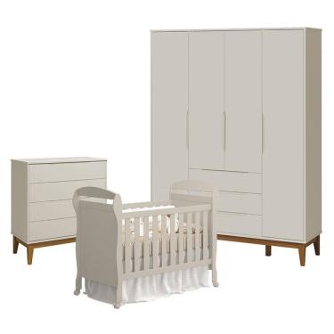 Imagem de Quarto De Bebê 4 Portas Com Cômoda Gaveteiro Elfe Classic E Berço Americano Danny Areia Acetinado Amadeirado - Reller