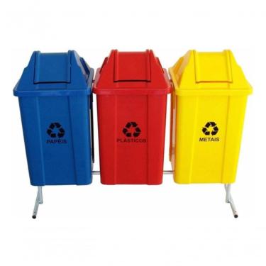 Imagem de Conjunto para Coleta Seletiva com 3 Cestos de 60l Estrutura Metálica em Aço Carbono Mul...