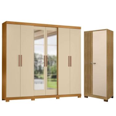 Imagem de Guarda Roupa Casal San Diego Com Espelho E Armário Multiuso Versatile Carvalho Americano Off White - Incorplac