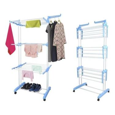 Imagem de Varal De Chão 3 Andares Dobrável Portátil Em Aço Com 4 Rodas Compacto 