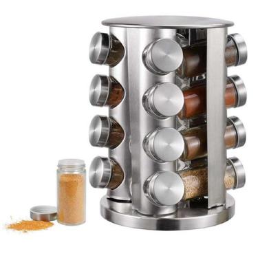 Imagem de Porta Tempero Condimento Inox 16 Potes + Suporte Giratório Redondo - F