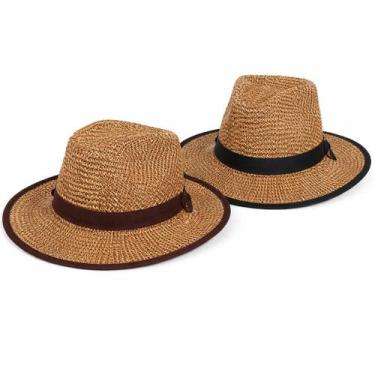 Imagem de Kit 2 Chapéus Palha Country Fedora Palha Aba Larga Proteção Solar UV P
