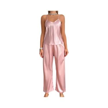 Imagem de Conjunto De Pijamas Femininos Com Decote Em V, Cor Sólida, Top Halter 