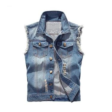 Imagem de Elonglin Colete Jeans Masculino Destruído com Bolsos Jaqueta Jeans Masculino sem Mangas Rasgada Moto Casual B GG
