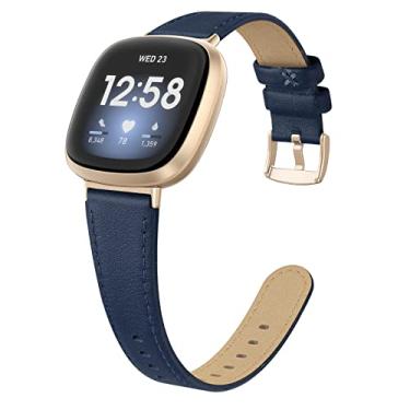 Imagem de EDIMENS Faixas de couro compatíveis com Fitbit Versa 3/Fitbit Sense para homens e mulheres, pulseiras de couro legítimo pulseiras de substituição compatíveis com Versa 3/Sense, Mightnight Blue com fivela dourada