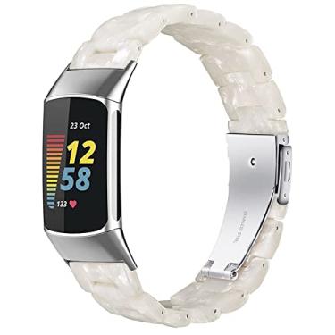 Imagem de Wongeto Pulseiras de resina compatíveis com pulseira Fitbit 5, acessório de resina para homens e mulheres, acessório de resina ouro rosa, pulseira com fivela para Fitbit Charge 5 (branco pérola)