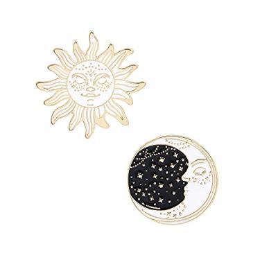 Imagem de Acxico 2 peças fashion esmalte céu estrelado lua broche e esmalte branco broche de sol broche pino colar crachá corpete jóias mulheres, Metal