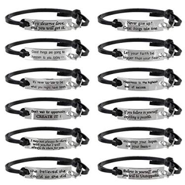 Imagem de 12 pulseiras de couro inspiradoras em volume para mulheres, meninas, citações motivacionais, palavras de mensagem, bracelete de bracelete de incentivo, presentes de amizade