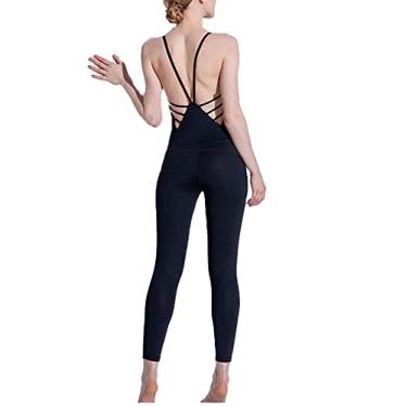 Imagem de Yajun Roupa de treino Conjuntos de macacões de ioga femininos para academia fitness agasalhos de uma peça body frente única levanta bumbum calças gerais, preto, P (45 kg)