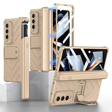 Imagem de Para Samsung Galaxy Z Fold 3 4 Fold3 Fold4 5G Case Dobradiça Magnética Caneta Deslizante Slot Frontal Filme de Vidro Suporte Capa Dura PC, Ouro Claro, PARA Galaxy Z Fold 4