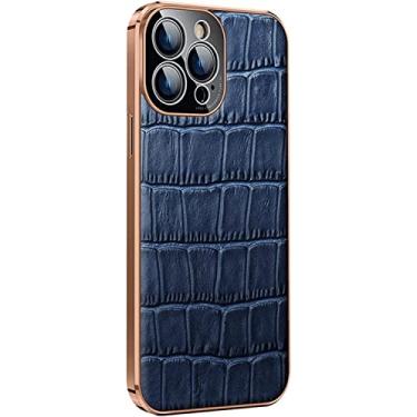 Imagem de MAALYA Capa para iPhone 13 Mini, textura clássica de crocodilo premium capa slim fit de couro genuíno com proteção de câmera completa galvanizada TPU Bumper capa de telefone (cor: azul)