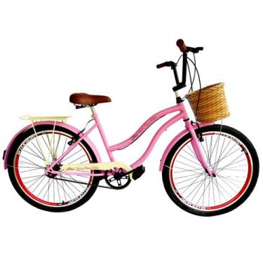 Imagem de Bicicleta Aro 26 Feminina Com Cesta Tipo Vime S/ Marcha Rosa - Maria C