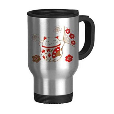 Imagem de Caneca de viagem Lucky Fortune com flor de gato Japão, tampa flip, copo de carro de aço inoxidável