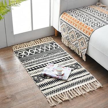 Imagem de jia cool Tapete estampado de algodão, boêmia feito à mão, tapete fino para entrada, 60 x 90 cm, para lavanderia, sala de estar, cor preta polida
