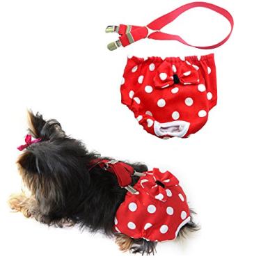 Imagem de FunnyDogClothes Fralda para Cachorro com Suspensórios Vermelho Bolinhas Reutilizáveis Lavável para Pequenos Cães Raças FemininasFunnyDogClothes XSmall: Waist 8" - 10" vermelho