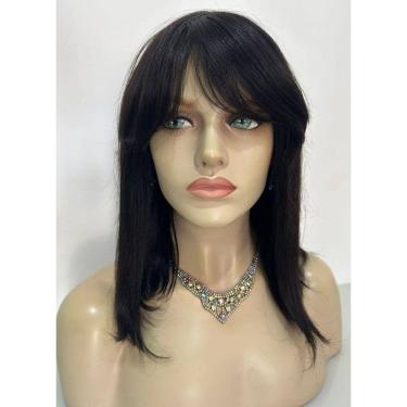 Imagem de Peruca preta natural cabelo humano ondulada com franja 40cm