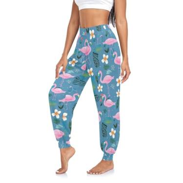 Imagem de CHIFIGNO Calça feminina de ioga harém de cintura alta calça atlética de treino calças casuais folgadas, Flamingos rosa e flores fofas, M
